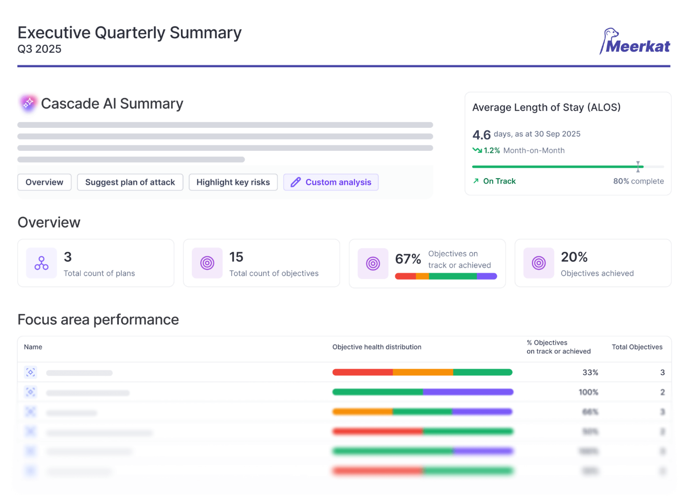 Screenshot of Cascade Strategy's Executive Quarterly Summary from its strategy mapping platform